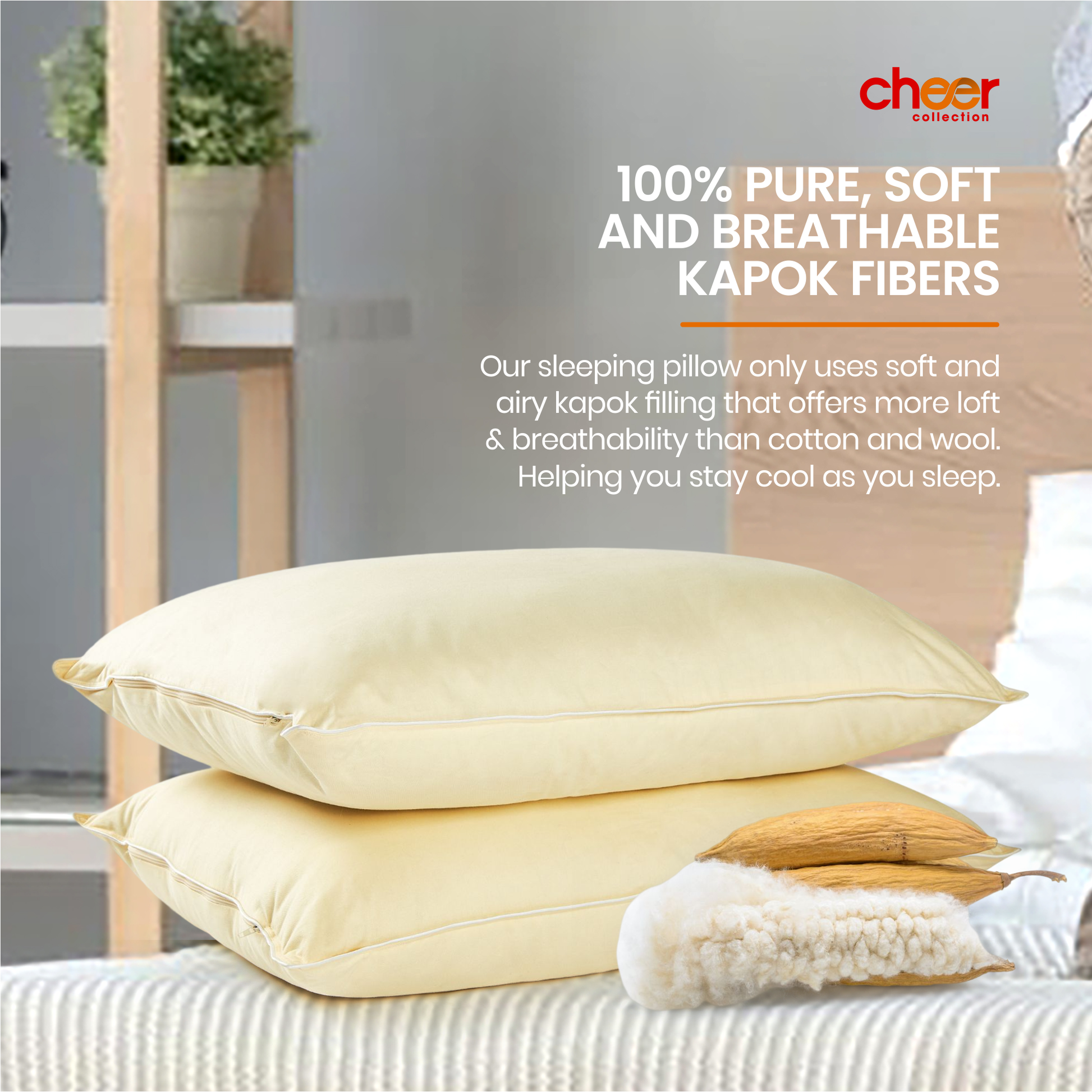 Cheer Collection Set of 2 Organic Kapok Bed Pillows Fiber Filled Sleeping Pillows with Breathable Cotton Shell Standard