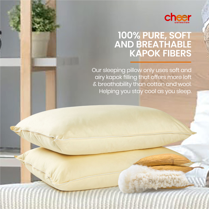 Cheer Collection Set of 2 Organic Kapok Bed Pillows, Fiber Filled Sleeping Pillows with Breathable Cotton Shell