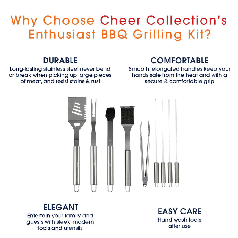 Cheer Collection Stainless Steel 10 Piece Barbecue Grill Tools Set with Storage Carousel