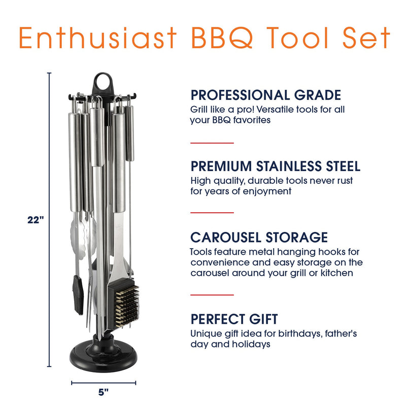 Cheer Collection Stainless Steel 10 Piece Barbecue Grill Tools Set with Storage Carousel