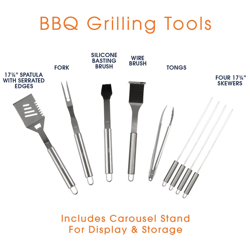 Cheer Collection Stainless Steel 10 Piece Barbecue Grill Tools Set with Storage Carousel