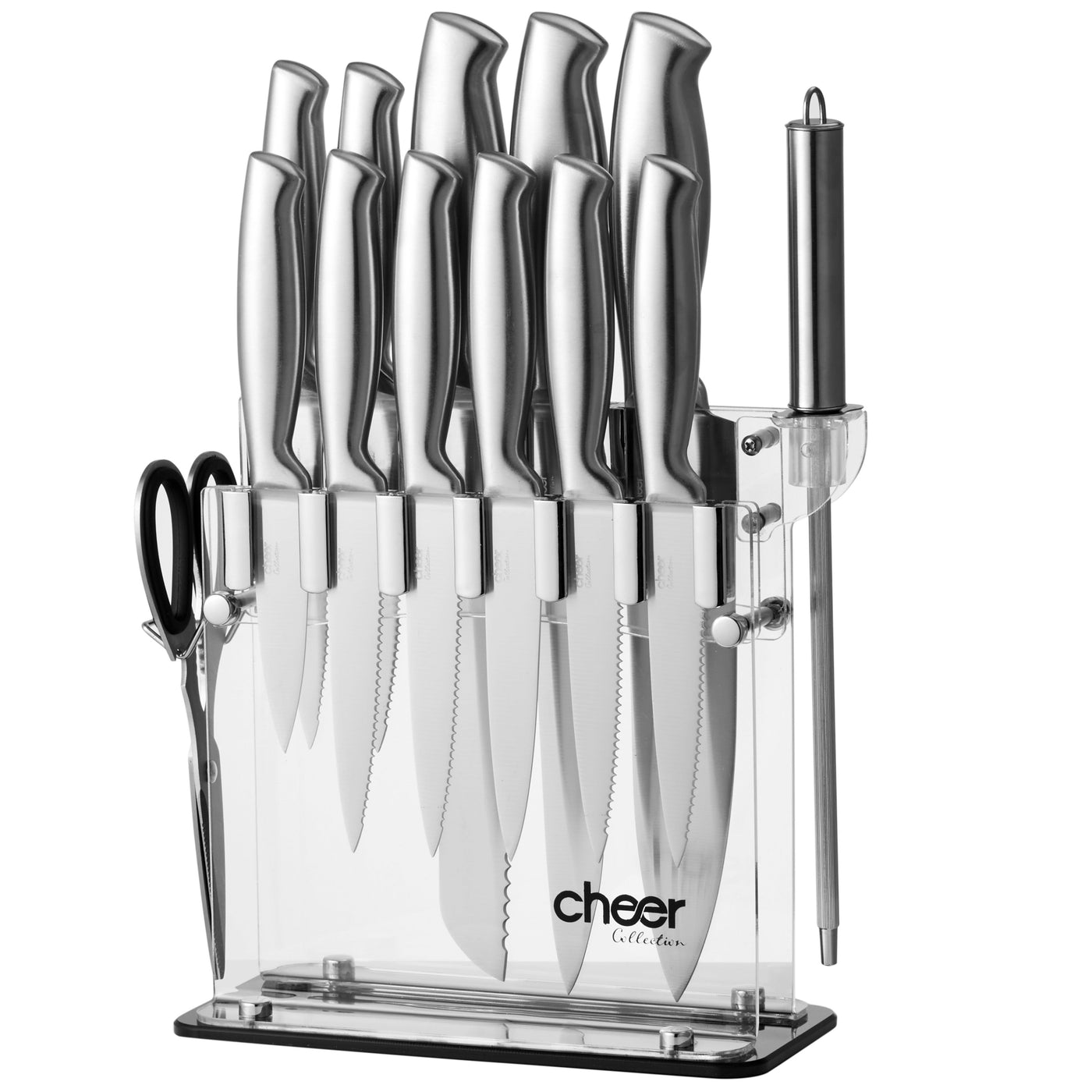 Cheer Collection Stainless Steel Chef Knife Set with Acrylic Stand  (14-Piece) Professional Kitchen Utensils - Sharp Serrated and Standard  Blades for