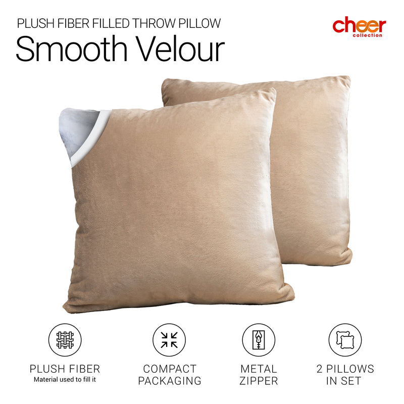 Cheer Collection Velour Throw Pillows - Set of 2 Decorative Couch Pillows - 22" x 22"