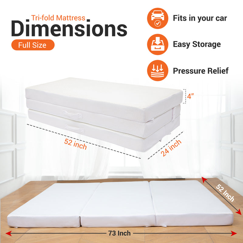 Cheer Collection 4" Folding Mattress, Tri-Fold Floor Mat for Compact Storage with Soft Bamboo Washable Cover- Foldable Sleeping Pad and Floor Mattress